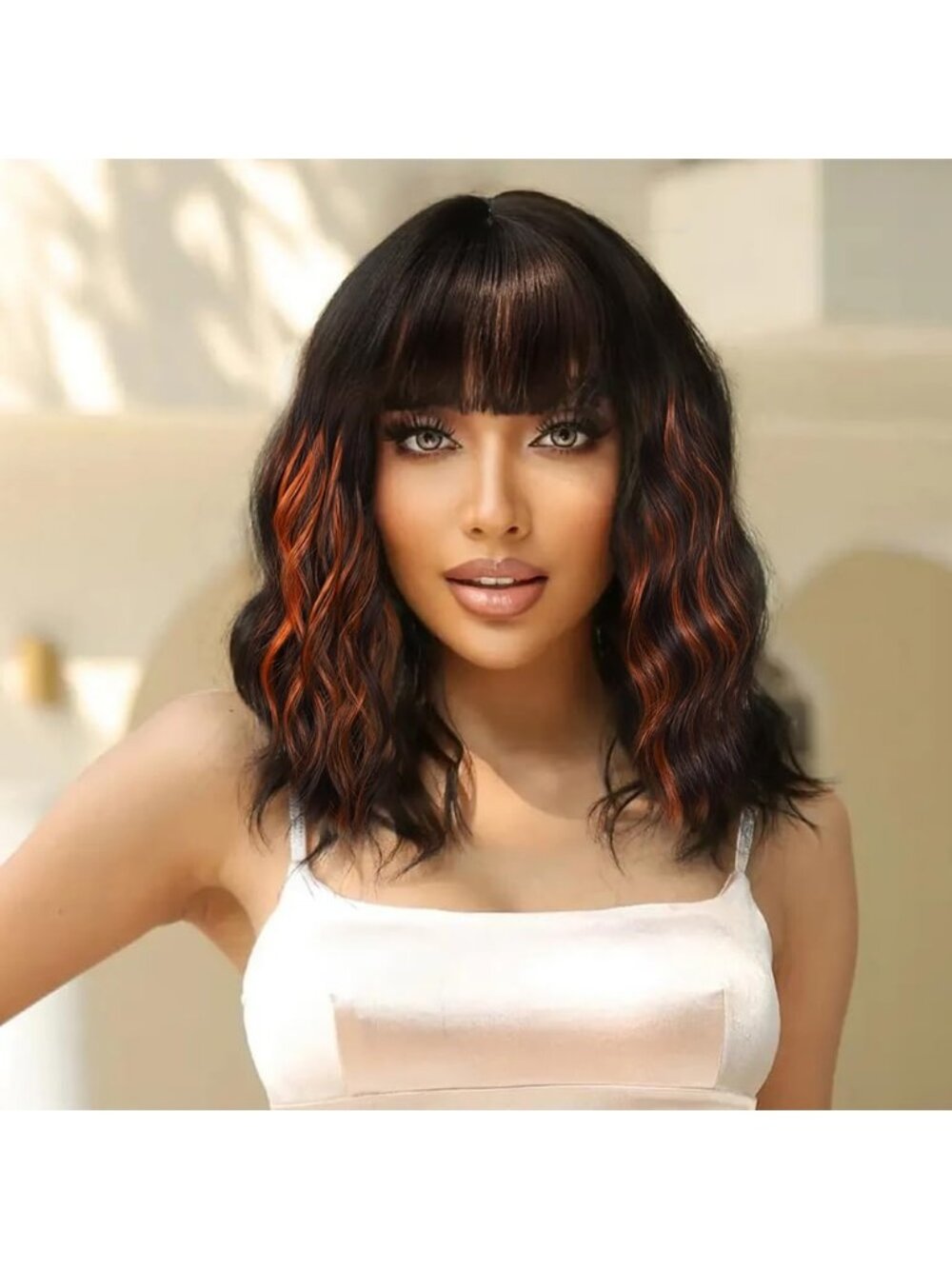 Women's Black Brown Short Wavy Curly Looking Natural Bob Wig Synthetic with Bang